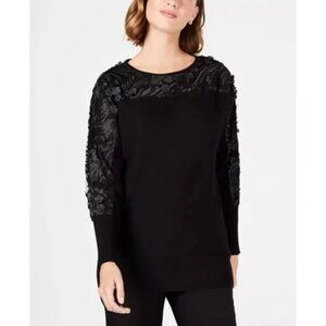 JM Collection Long Sleeve Embellished Solid Knit Mesh accent Flower Mesh Sweater